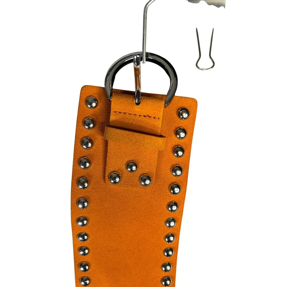 Zara Orange Faux Suede Wide Studded Waist Belt Size 85 Silver Studs Boho